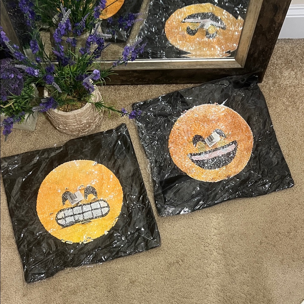 Emoji Design Black satin and Orange Throw Pillows cases